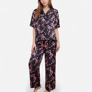 Anna-Kaci Lounge Women's Satin Button-Up Pajama Set with Short Sleeve Notch Collar Top and Wide Leg Pants in Ribbon Print - 1 of 4