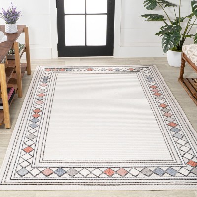 Ivory Beige Geometric Synthetic 5'x8' Reversible Indoor/Outdoor Rug
