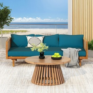 2 Pieces Patio Furniture Sets With 67.5" Length 3 Seater Gray Rattan Arm Sofa And 31.5" Round Acacia Wood Table - 1 of 4