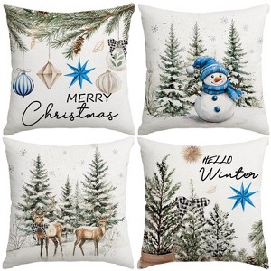 Christmas Throw Pillow Covers, 18x18 inch Decorative Farmhouse Merry Christmas Tree Snowman Winter Blue - 1 of 4