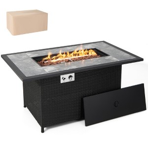 Costway 52'' Propane Fire Pit Table Marble Tabletop Rattan Wicker w/ Rain Cover Lava Rock - 1 of 4