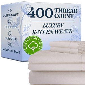 100% Cotton 400 Thread Count 4 Piece Sheet Set - Soft & Cozy Sateen Bed Sheets - CGK Linens - 1 of 4