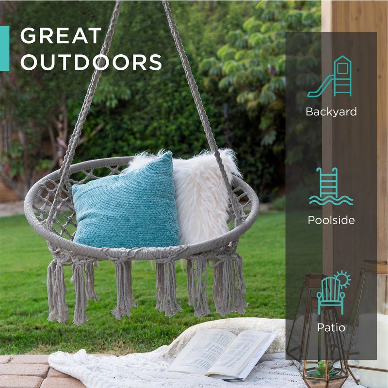 Best Choice Products Handwoven Cotton Macramé Hammock Hanging Chair Swing for Indoor & Outdoor Use w/ Backrest, 4 of 11