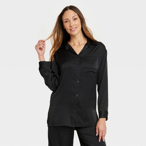 Women's Satin Sleep Shirt Long Sleeve Sleepwear Silk Nightshirt Button Down  Pajama Top 