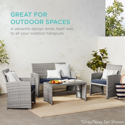 Gray Wicker 4-Piece Patio Conversation Set with Light Mint Cushions