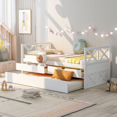 NicBex Twin Size Daybed 78.8" L Modern Wooden Bed Frame with Trundle and Drawers for Bedroom, Living Room, No Box Spring Required, Space Saving, White