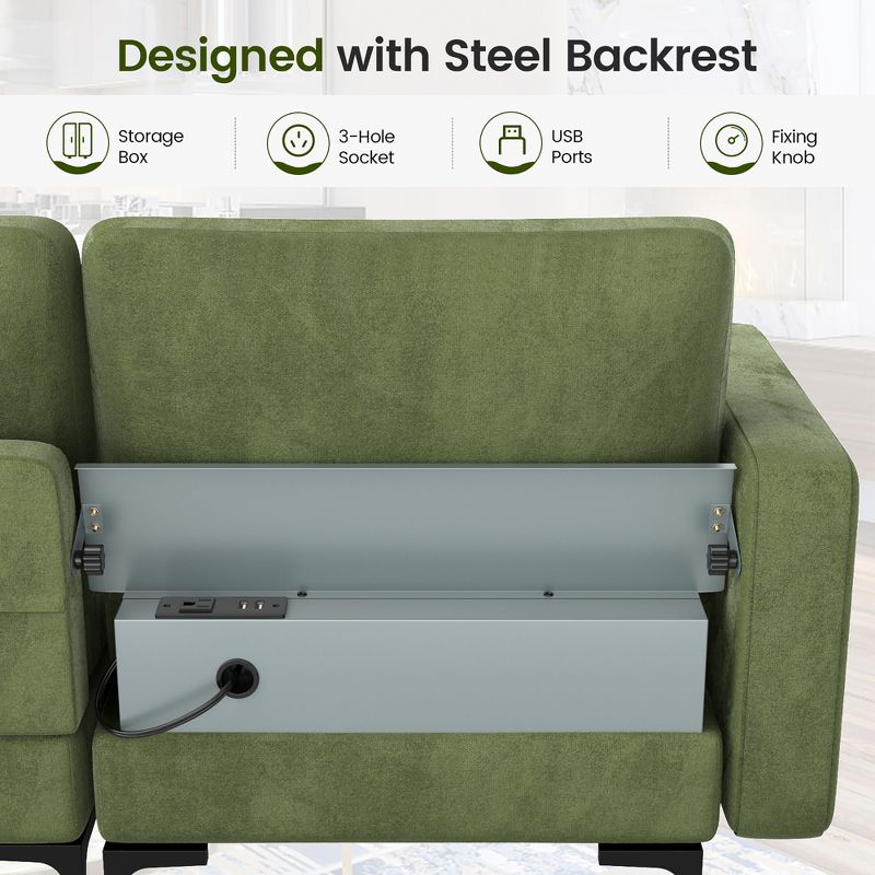 Costway Modular 3-Seat Sofa Couch w/ Socket USB Ports & Side Storage Pocket Army Green, 5 of 11
