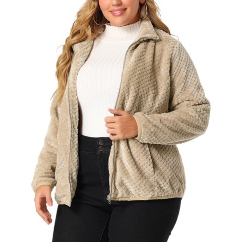 Agnes Orinda Women's Plus Size Lapel Fleece Fuzzy Faux Shearling Zip Up  Shaggy Oversized Coat Jackets Camel 2X