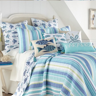 Laida Beach Blue Cotton Twin Reversible Quilt Set