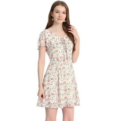 Allegra K Women's Floral Printed Flare Short Sleeve Lace-up V Neck A-Line Chiffon Dress