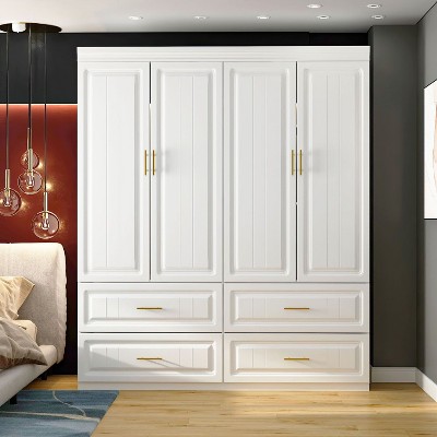 FUFU&GAGA Pure White Large Space Wardrobe 4 Doors 4 Drawers Line Patterns