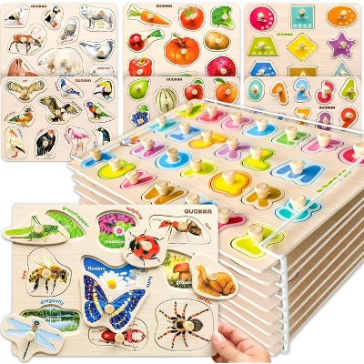 QUOKKA Wooden Puzzle Set with Rack for Toddlers 1 2 3 - Learning Alphabet, Numbers and Animals Toy Puzzles for Toddlers - 8XSET | 6XET