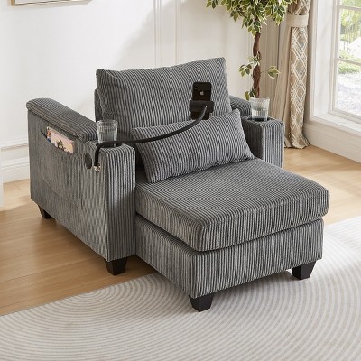 Convertible Chaise Lounge Sofa Chair with USB Ports,Two Cup Holders,Phone Holder,Ample Storage Space-The Pop Home