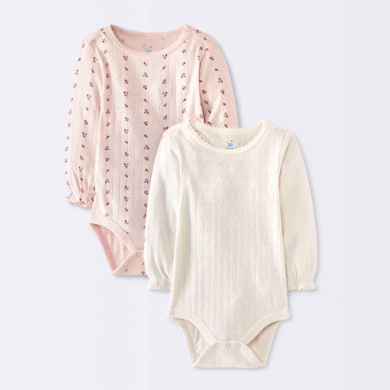 Baby Girls' 2pk Pointelle Floral Long Sleeve Bodysuits - Cloud Island™ Pink/Ivory Newborn