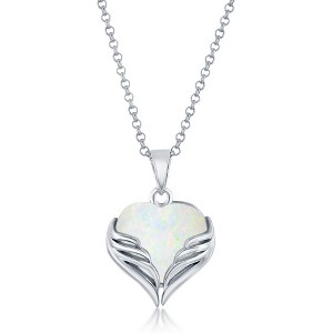 Opalata Sterling Silver White Opal Heart Angel Wings 18" Pendant Necklace - White - 1 of 2