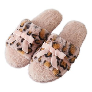 Roxoni Women’s Fuzzy Leopard Print Slippers with Bow – Cozy Plush Indoor House Slides, Soft Memory Foam, Non-Slip Sole Pink X - 1 of 4