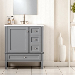Mshliw 30 Inch Bathroom Vanity with Ceramic Sink, Solid Wood Frame Bathroom Cabinet with 3 Drawers and Soft-Close Doors - 1 of 4
