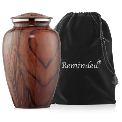 Reminded Adult Cremation Memorial Urn for Human Ashes, Wood Grain Brass Funeral Urn with Velvet Bag