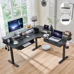SinCiDo 60" L-Shaped Electric Standing Desk, Height Adjustable Corner Gaming Desk w/ Power Outlets, LED Lighting & 2 Drawers - 1 of 4