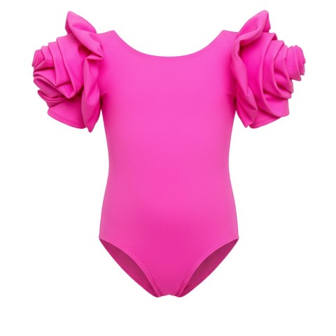 Mia Belle Girls Blooming Rose Sleeve Pink One Piece Swimsuit Mia Belle Girls, Hot Pink, 6-6X