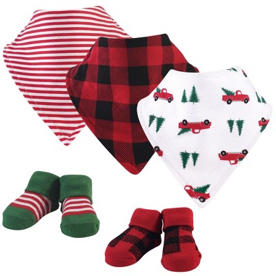 Hudson Baby Infant Boy Cotton Bib and Sock Set 5pk, Christmas Tree, One Size