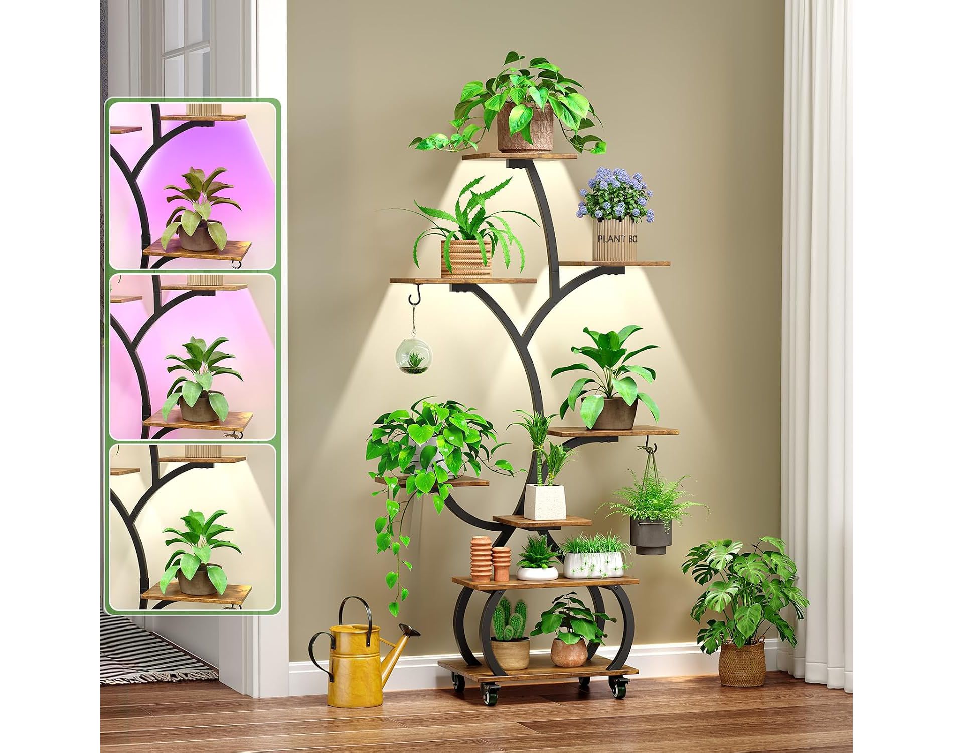 VINGLI 48" Rolling Plant Stand with Grow Lights, 8-Tier, Black & Brown | 3 full-spectrum grow lights & 3 light modes, tree-shaped indoor shelf