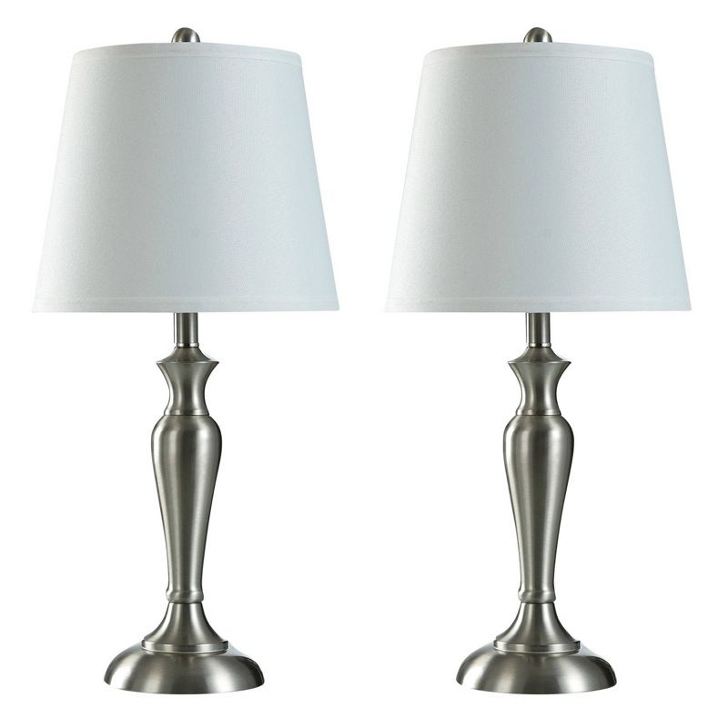 2 Table Lamps and 1 Floor Lamp Brushed Steel with White Hardback Shades - StyleCraft, 4 of 5