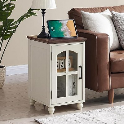 Gericco Narrow Side Table,Farmhouse Nightstand with Charging Station,End Table with Glass Barn Door Storage