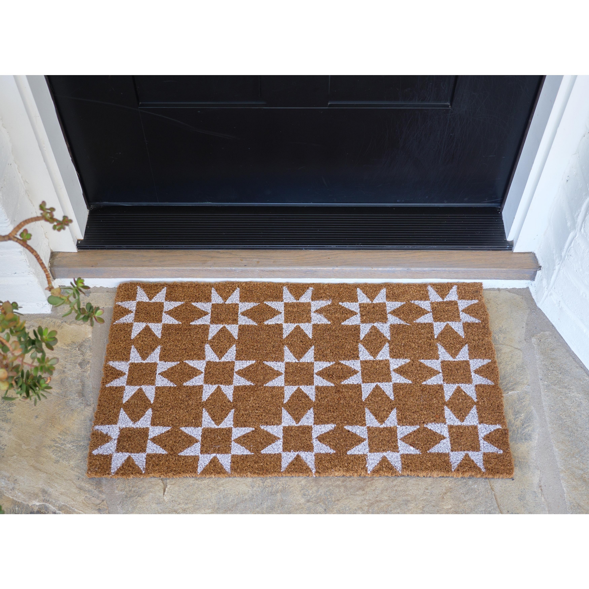 KAF Home Quilted Star Coir Doormat with Heavy-Duty, Non-Slip PVC Backing - 17 by 30 Inches (White)