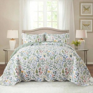 Queen Quilt Bedding Set - 3 Pieces Microfiber, Lightweight, Reversible, Retro Floral Bed Cover, All Season Use - 1 of 4