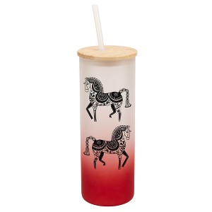 Elanze Designs Majestic Floral Horse Red Frosted Gradient Glass Tumbler with Bamboo Lid & Straw 25 ounce Reusable Iced Coffee or Water Cup, Whimsical - 1 of 4