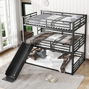 KWPZQEB Triple Bunk Bed with Ladder & Guardrail, Metal Triple Bunk Bed with Slide & Noise-reduced Design,Heavy-duty Bunk Bed, Easy Assembly, Black - 1 of 4