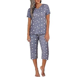 Ekouaer Women's Sleepwear Capri Pajama Sets Short Sleeve Two-Piece Pjs V Neck Tops & Capri Pants with Pockets - 1 of 4