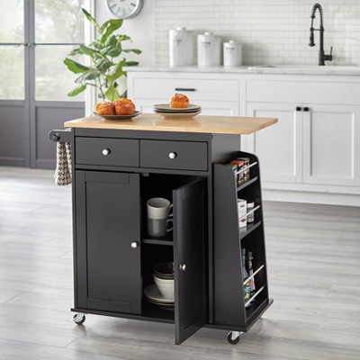 Black and Natural Wood Kitchen Cart with Storage and Wheels