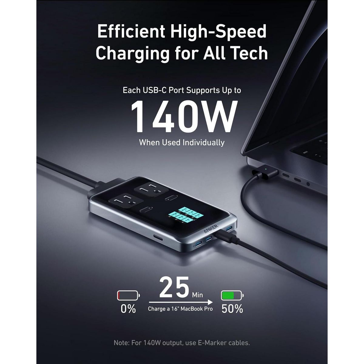 Anker Prime Charging Station, 240W 8-in-1 Power Strip, 5 ft Cord, 2 AC, 4 USB-C, 2 USB-A, for iPhone 15/14, MacBook, Home/Office - thumbnail 4