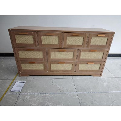 10-Drawer Dresser for Bedroom, Rattan Farmhouse Chest with Handles, Freestanding Wooden Storage Cabinet for Living Room, Closet, Entryway