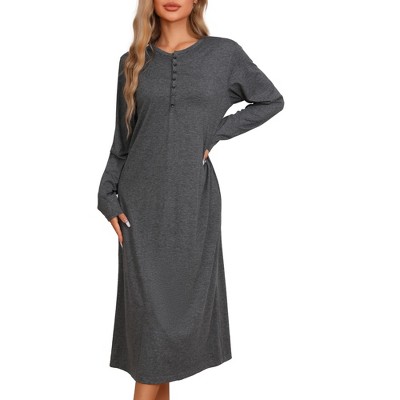 cheibear Women's Knit Scoop Neck Front Half Length Button Down Long Sleeve Nightgown