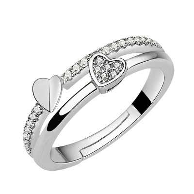 Adjustable Double Hearted Zircon Stacked Ring - Silver, Romantic Design with Sparkling Gems