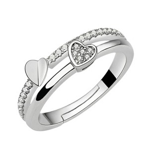 Adjustable Double Hearted Zircon Stacked Ring - Silver, Romantic Design with Sparkling Gems - 1 of 4