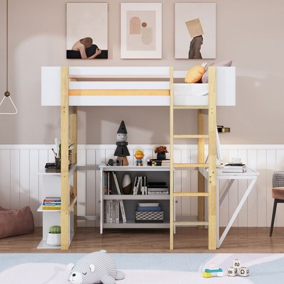 NicBex Full Size Bunk Bed with Foldable Desk Wooden Bed Frame with Storage Shelves, Ladder and Full Length Guardrail, No Box Spring Required