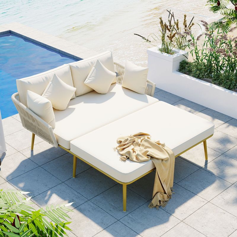 Outdoor Patio Loveseat Daybed, Woven Nylon Rope Backrest with Washable Cushions-ModernLuxe, 1 of 15
