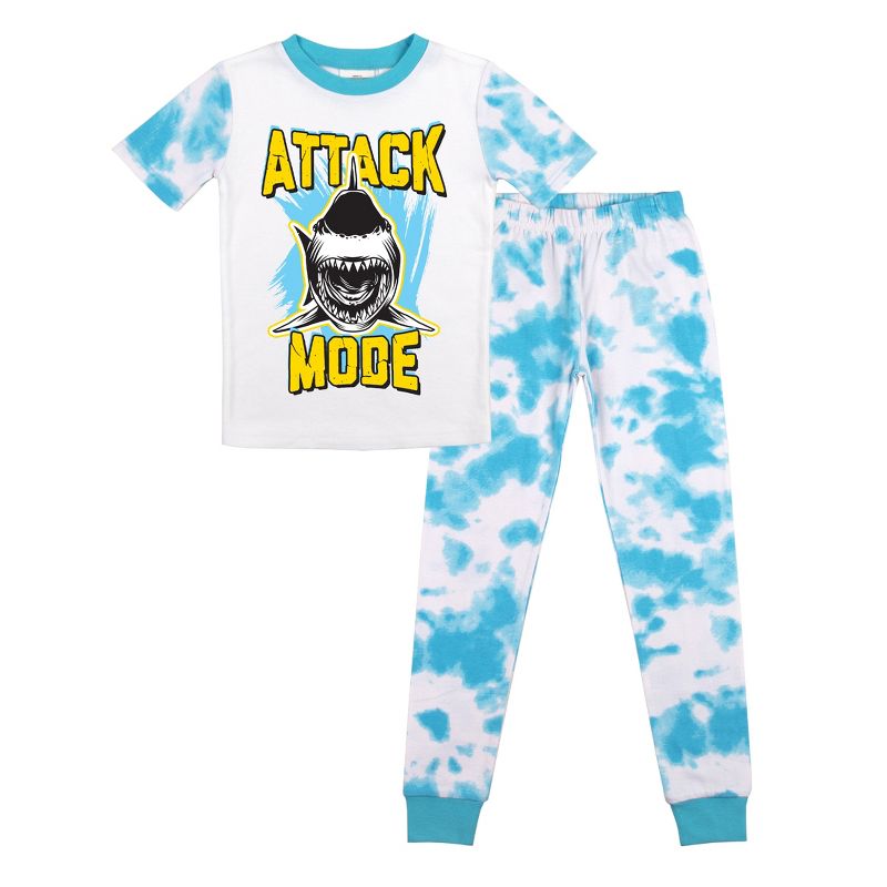 Attack Mode Youth Boy's Blue And White Wash Short Sleeve Shirt & Sleep Pants Set, 1 of 5