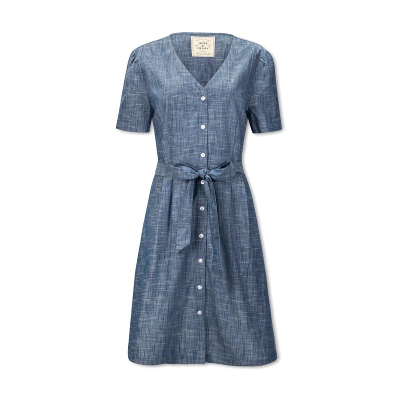 Hope & Henry Womens' Short Sleeve Button Front Chambray Dress with Waist Sash, 4 of 7