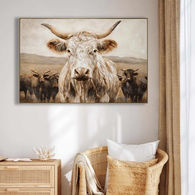 Gulches White Highland Cow Canvas Wall Art - Modern Minimalist Animal Art Print for LivingRoom Bedroom,Framed in Solid Wood