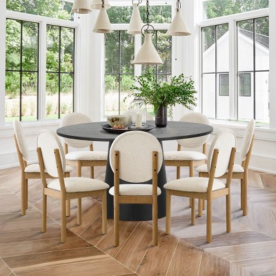 Orchid+Maye Dining Table Set, 60'' Oak Solid Wood Round Table with 8 Dining Chairs King Louis Back and Natural Wood Legs for 8 - Maison Boucle