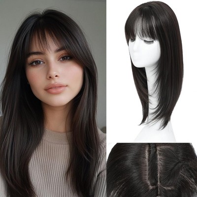 Jessie's Wig Women'S Hairpiece Clip In Human Hair Topper With Bangs Full Coverage Straight Natural Black 1 Pc/Pack
