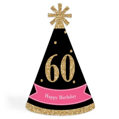 Big Dot of Happiness Chic 60th Birthday - Pink, Black and Gold - Cone Happy Birthday Party Hats for Kids and Adults - Set of 8 (Standard Size)