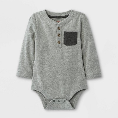 Baby Boys' Henley Spacedye Long Sleeve Bodysuit with Pocket - Cat & Jack™ Charcoal Gray 0-3M