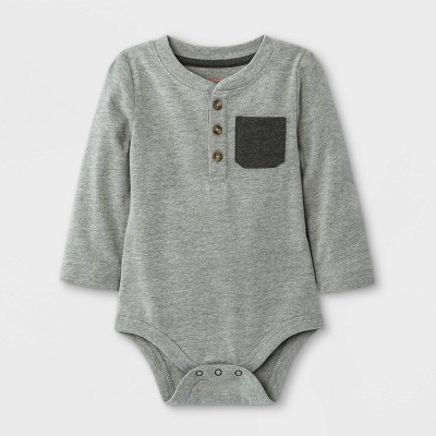 Image of Baby Boys' Henley Spacedye Long Sleeve Bodysuit with Pocket - Cat & Jack™ Charcoal Gray 18M
