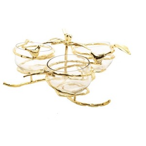 Classic Touch Gold Leaf 3 bowl Relish Dish with Glass Inserts - 1 of 3